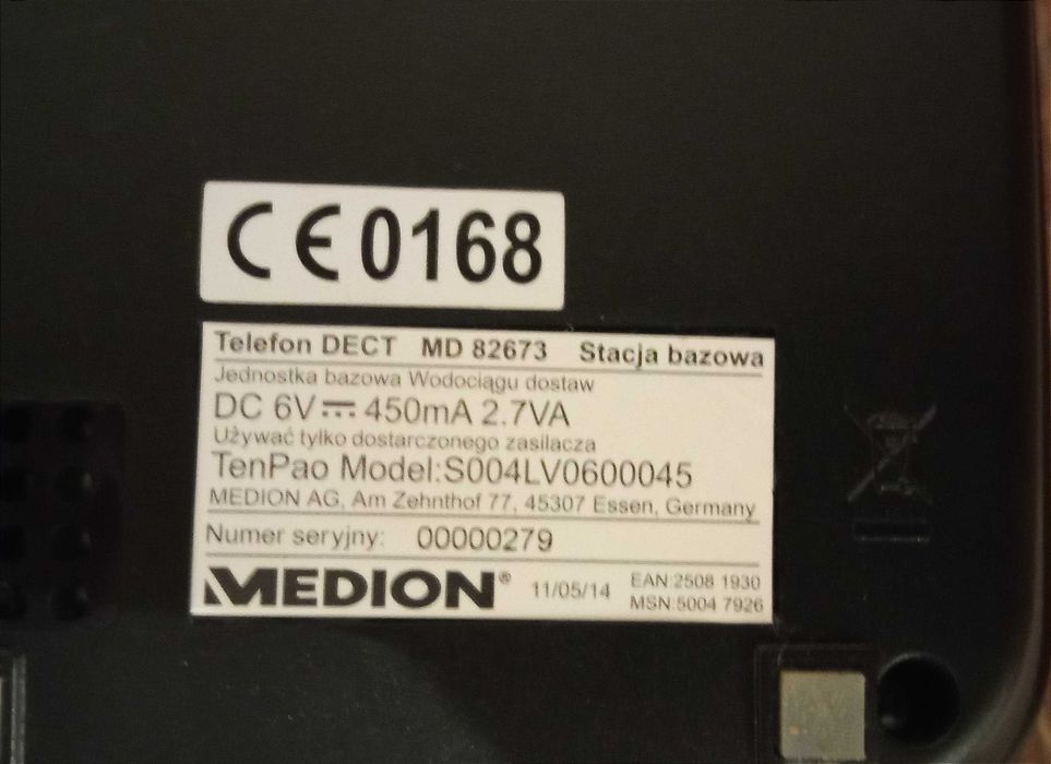 Bezprzewodowy Telefon Stacjonarny (DECT) marki Medion, model MD 82673 (MSN: 5004 7926).