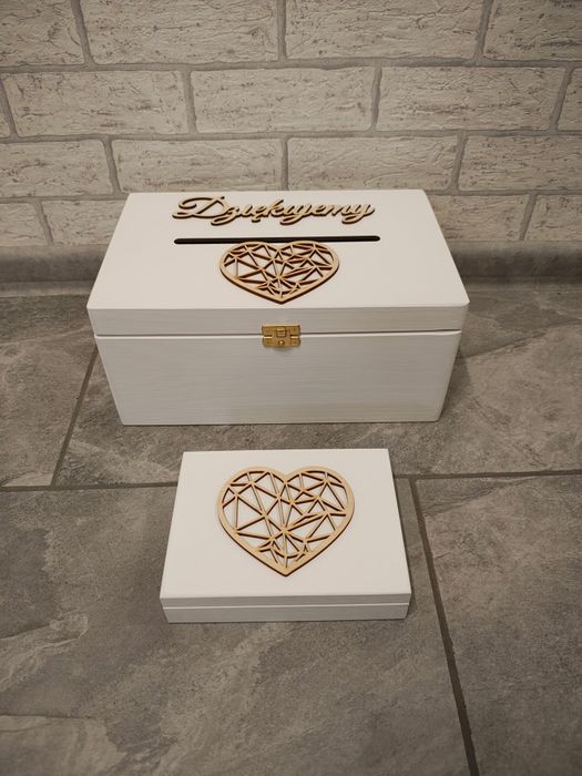 Nowe pudełko na obrączki i skrzynka na koperty białe drewniane dodatki