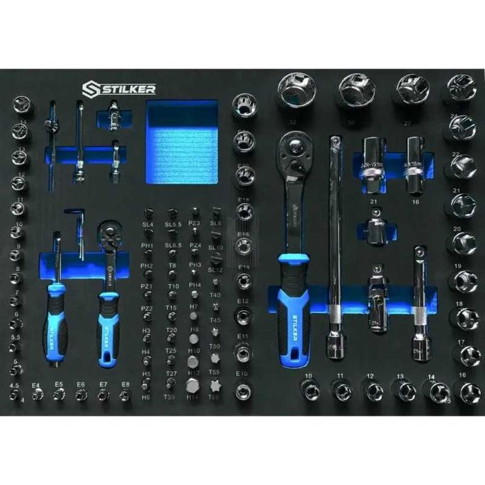 KIT Armário Modular de Oficina 4 Elementos com 147 Ferramentas + Enrolador 10+1 Metros STILKER LL29