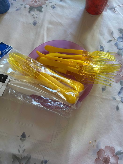 conjunto de pratos, talheres, copos e toalhas de mesa, de plastico (criança)