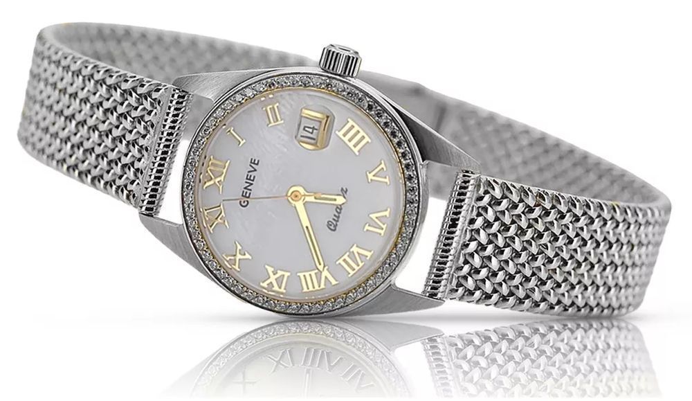 Zegarek damski z białego złota 14k 585 Geneve lw078wdpr&lbw003w-Perłow