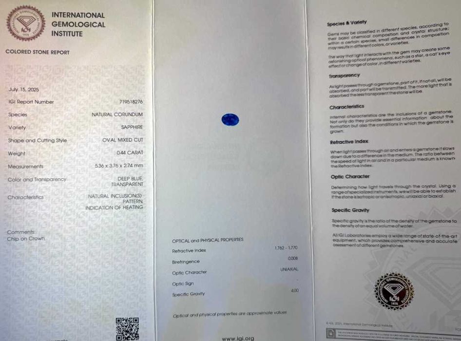 safira 0,44 IGI azul profundo