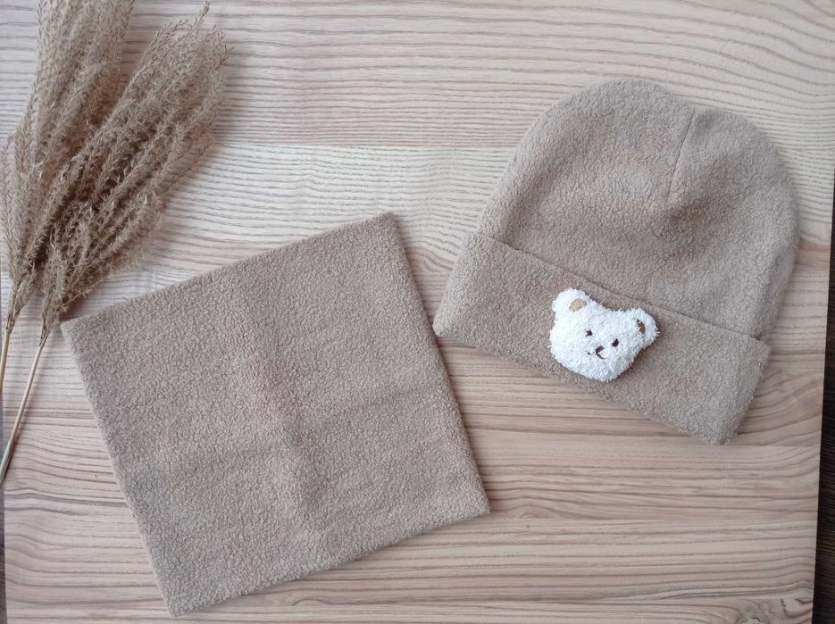 Komplet zimowy, komin i czapka z misiem