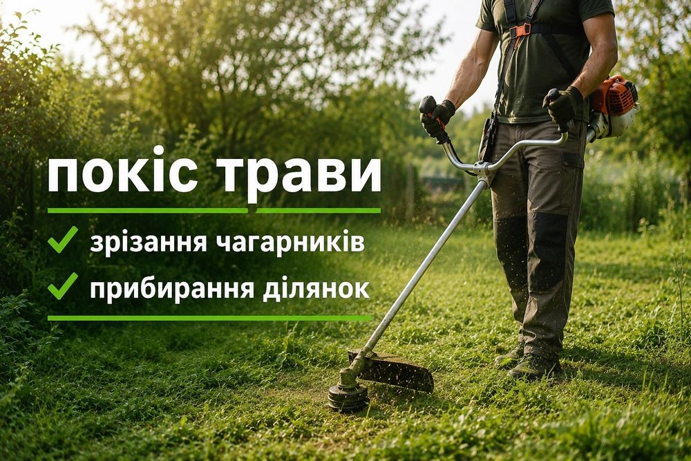 Покіс трави бензокосою та електричним тримером