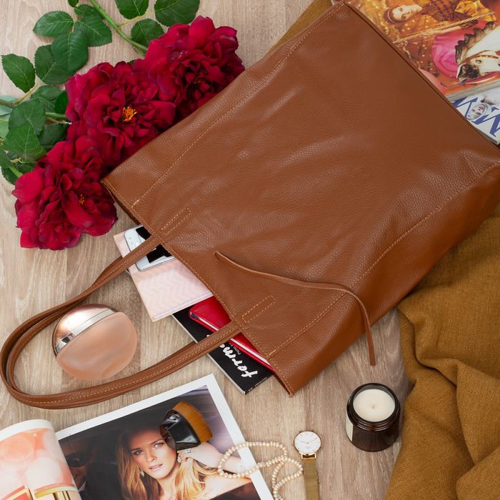 VERA PELLE torebka damska skórzana shopper z rzemykami V501 camel