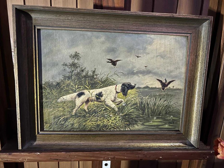 Mały obraz, pejzaż myśliwski z psem #9157 Stylowy Wegrów