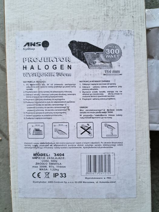 Projektor halogen ANS lightning z wysięgnikiem 50 cm 300 w