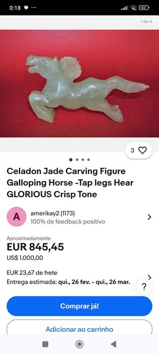 Escultura Cavalo Jade Celadon Base Madeira 8 cm