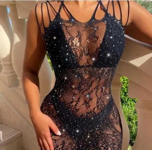 przejrzyste damskie Bodycon z wycięciami sukienka kryształki czarny