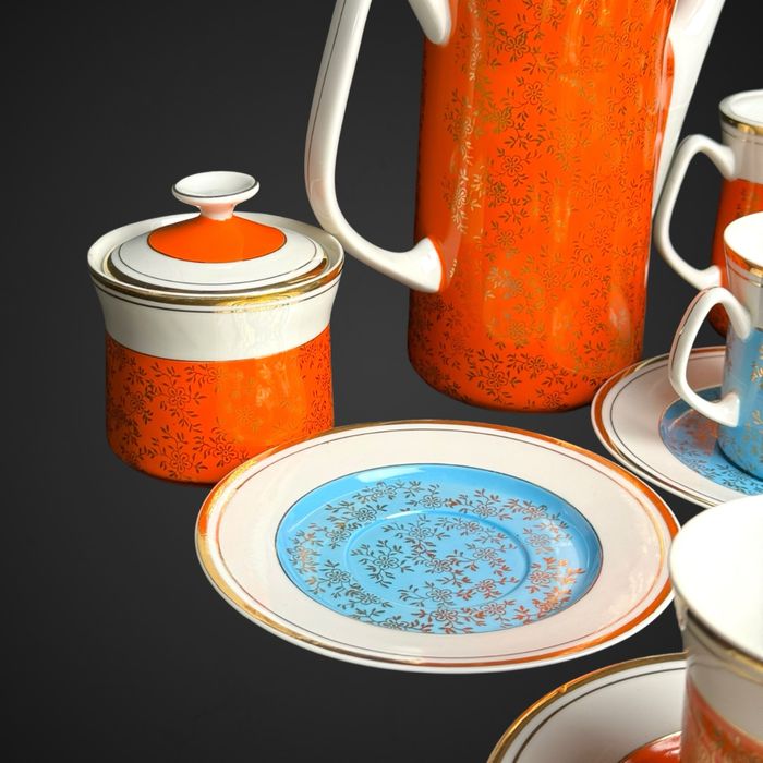 Włocławek Serwis kawowy Aleksander Sowiński kolorowy kwiaty B41/5124