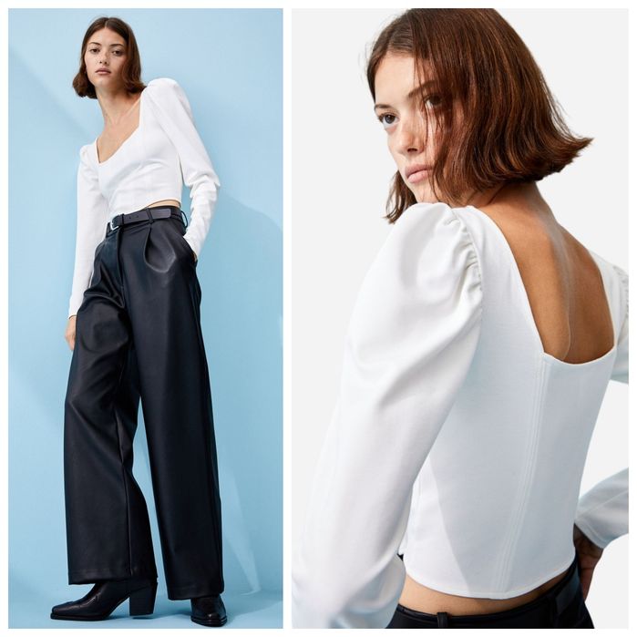 H&M r.M efektowny biały top gorsetowy bufiasty rękaw