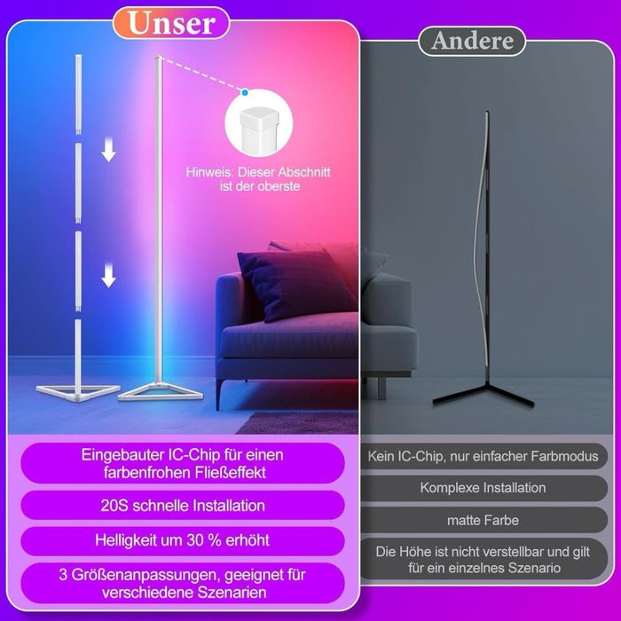Lampa stojąca LED, RGBIC, do salonu, ściemniana, 140 cm biała narożna