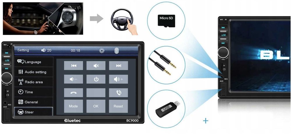 Radio Samochodowe 2DIN Ekran 7 Cali Led Mirror Link MP5 Play USB SD MP3 Głośnomówiący Bluetooth Zestaw Parkowania do Kamera Cofania Kostki ISO Pilot