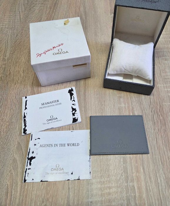 Omega - oryginalne pudelko do zegarka Omega - szare - pełny zestaw