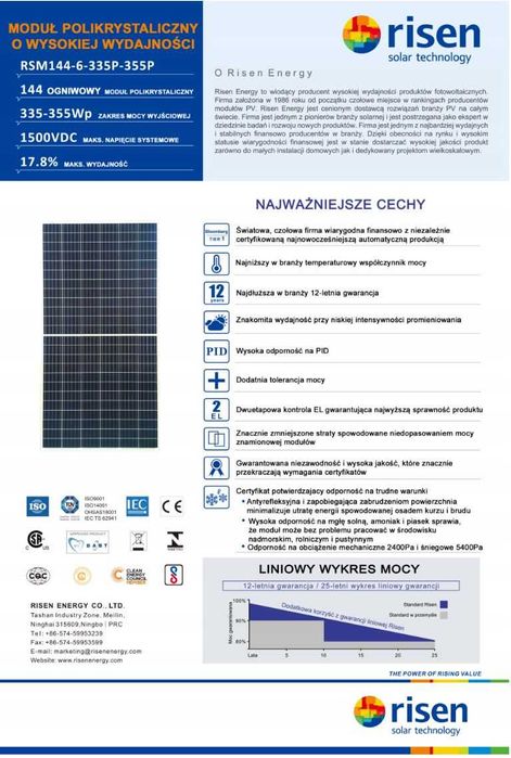 Moduł fotowoltaiczny Risen 340W Srebrna Rama 40mm