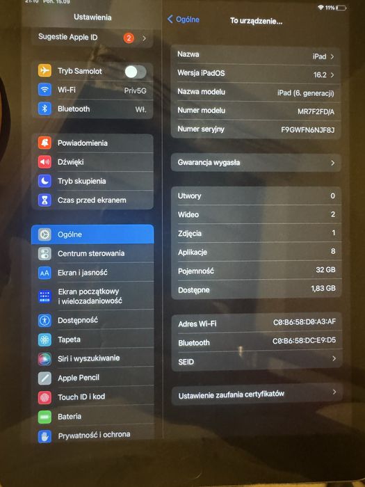 Tablet iPad 6 A1893 wifi 32gb