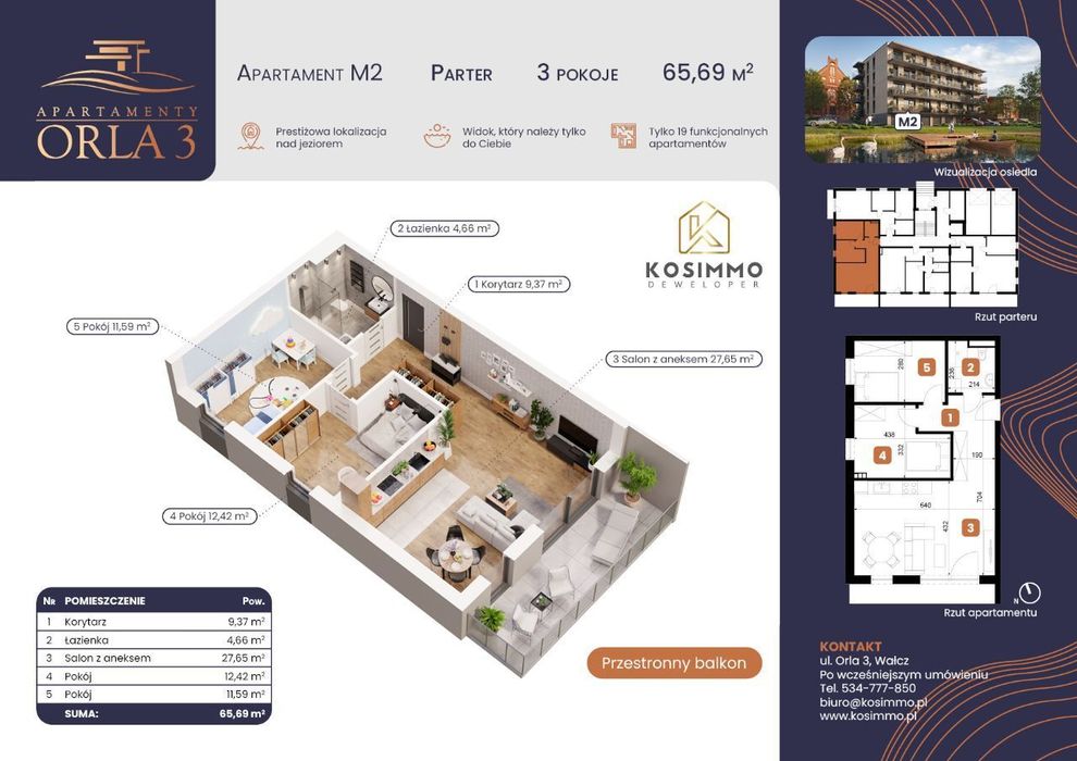 M02 APARTAMENTY Orla 3, Parter, 65 m2, 3 pok,Centrum, Widok na jezioro