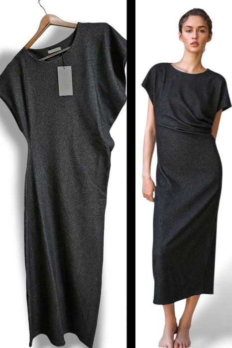 Платье прямое миди с лёгкой драпировкой ZARA графит меланж, р. S/M