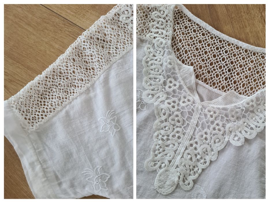 Bluzka XXL biała wykończenia koronka bawełna