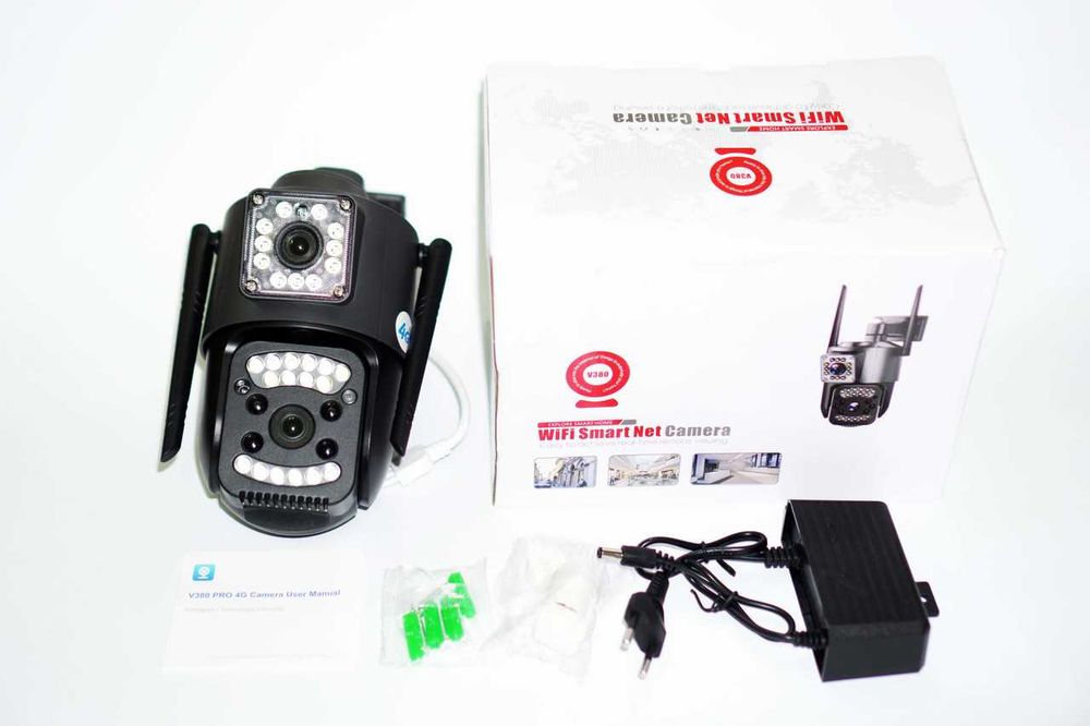 Чорна вулична камера з 4G SIM, +2 об'єктива 4Mpx+4Mpx, IP WiFi камера