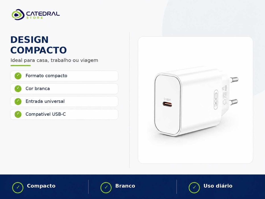 Carregador USB-C 20W XO com Cabo 1m – PD3.0 – Branco – Novo