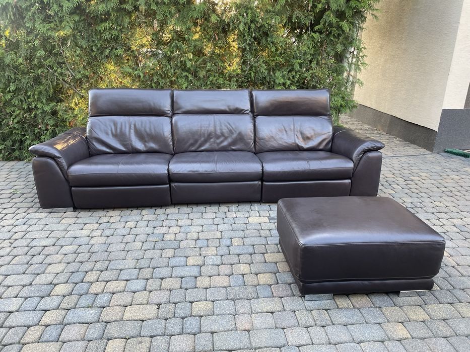 Zestaw wypoczynkowy skórzany rozkladana elektrycznie sofa relax 3m puf