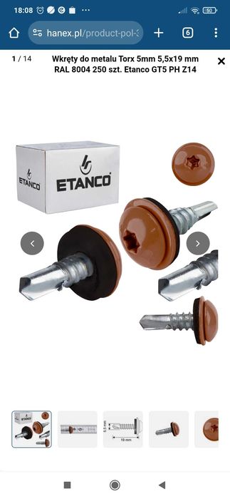 Wkręty to metalu torx 5,5x19mm Ral x 8004 x 250szt