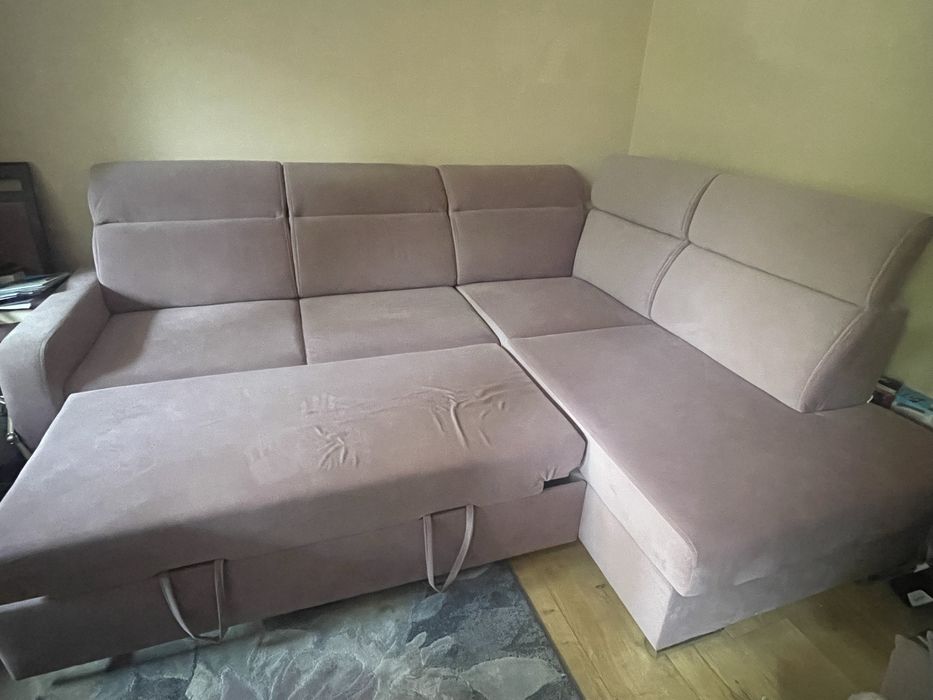 Sofa narożna z funkcją spania brudny cimny róż 265 cm x 210