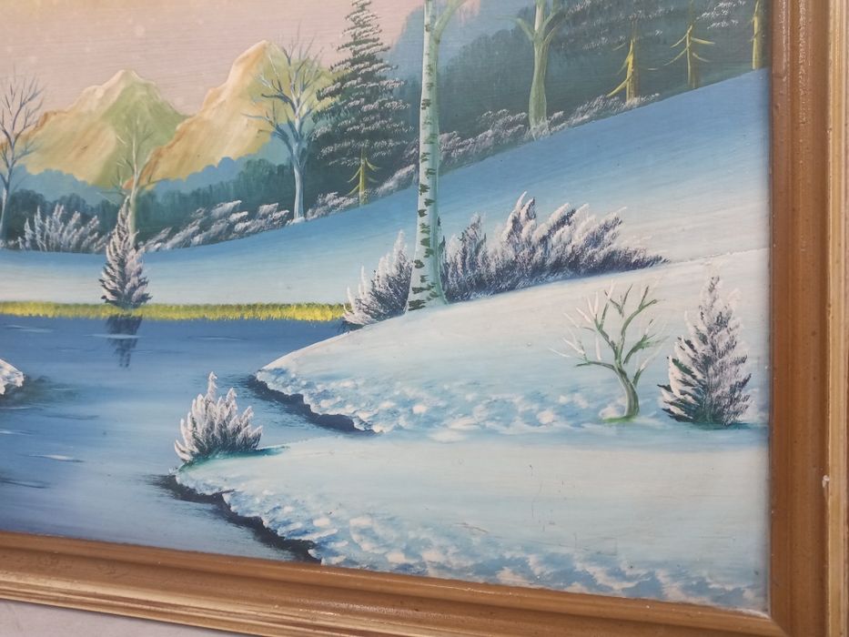 Stary obraz olejny PRL zimowy krajobraz