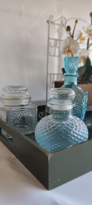 5 Frascos de vidro decorativos transparente e azul riqueza, Dimensões