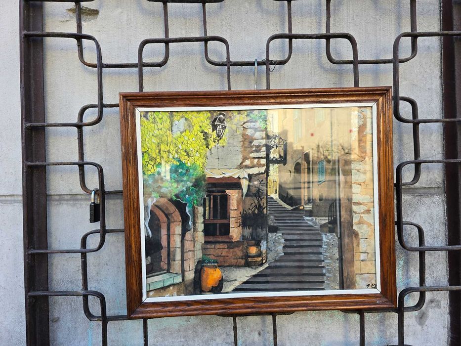 Stary obraz akwarela pejzaż miejski podpisany