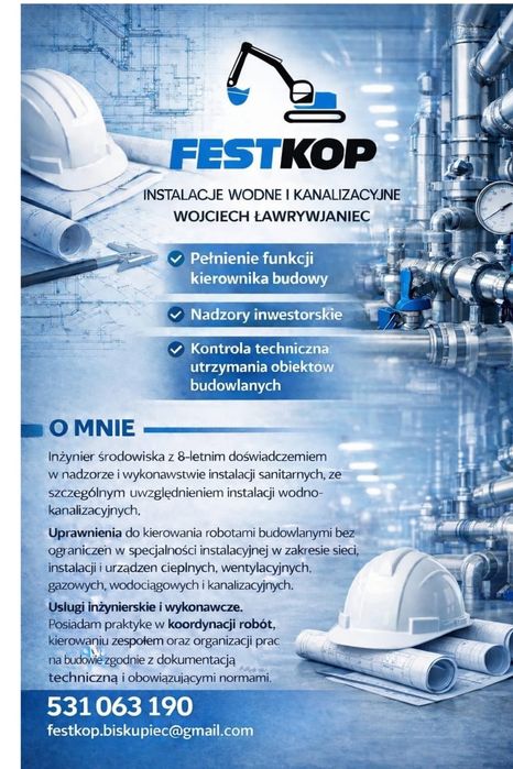 Kierownik budowy, nadzór inwestorski branża sanitarna/ instalacyjna