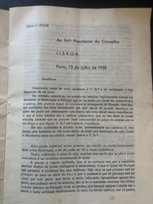Carta do Bispo do Porto ao presidente do conselho 1958