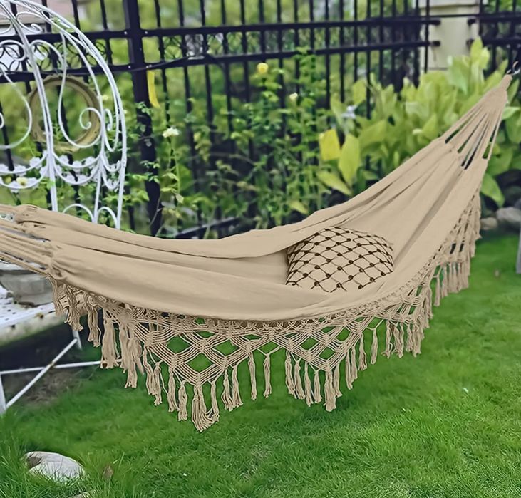 Hamak ogrodowy boho z frędzlami, jednoosobowy, 150x190 cm, beżowy