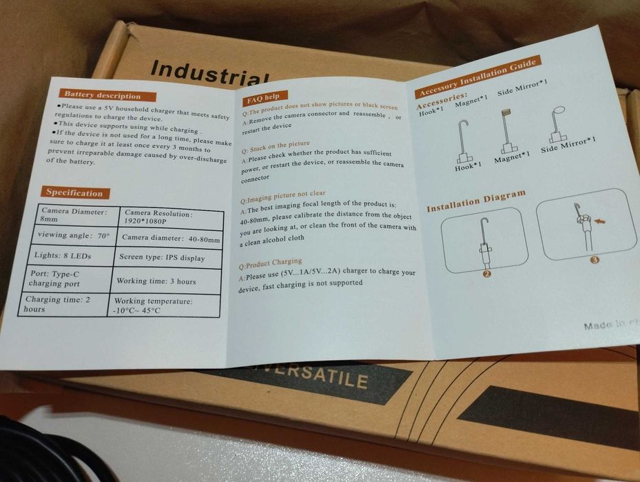 Monitor endoscópio USB, câmara, cabo flexível, inspecionar