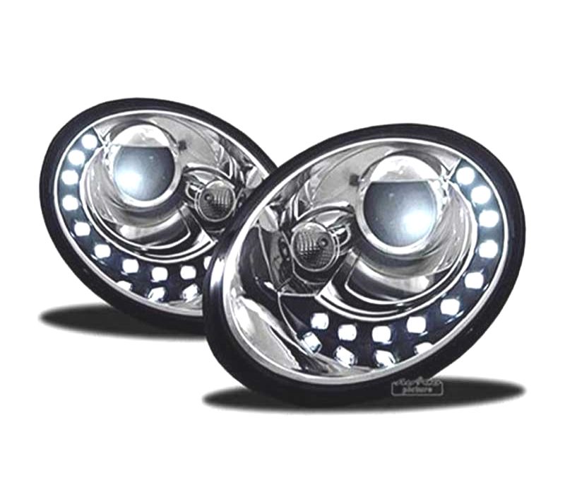 FARÓIS LUZ DIURNA LED PARA VOLKSWAGEN VW BEETLE 05-11 FUNDO CROMADO
