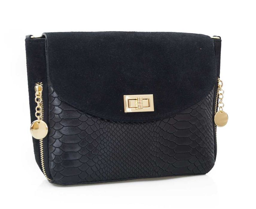 VERA PELLE torebka damska zamszowa listonoszka z paskiem V290 fuksja