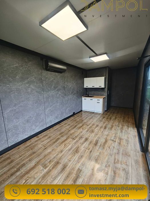 Designerski pawilon/kontener 7×3 m płyta imitująca beton, produkcja PL