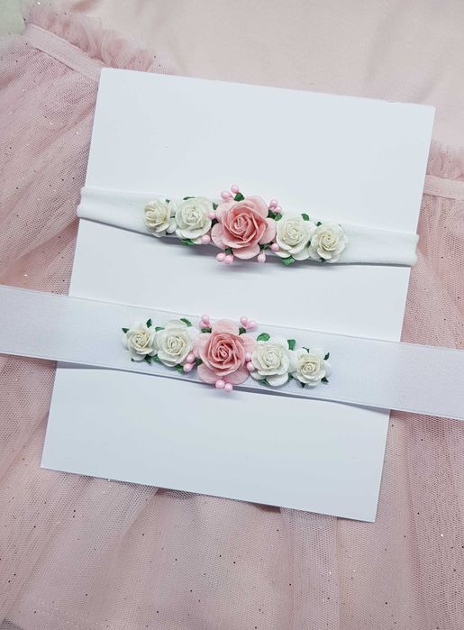 Zestaw biała opaska oraz pasek do sukienki chrzest urodziny sesja