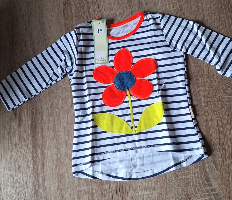 Bluzka,tunika w granatowe paski z kwiatem 74/80 Aipi