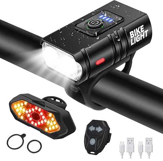Zestaw lampki rowerowe przód tył kierunkowskazy pilot mocne led usb 1000LM