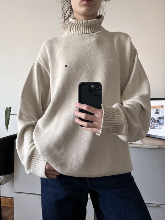 Beżowy golf Tommy Hilfiger | Beige Cotton Knit Turtleneck Old Money