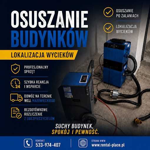 Osuszanie budynków, po zalaniu, wynajem osuszaczy, lokalizacja wycieku