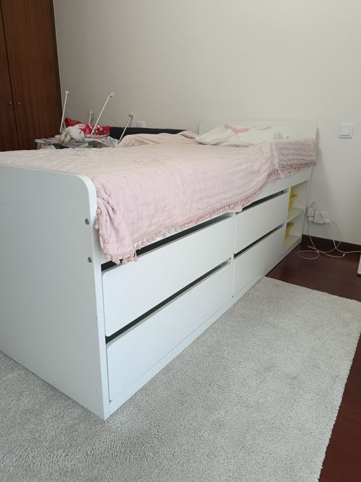 Estrut cama c/arrum+estrad ripas, branco, 90x200 cm