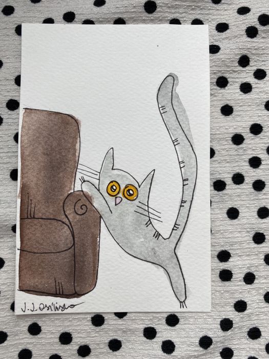 Kartka okolicznosciowa obrazek ilustracja szary kot kanapa sofa