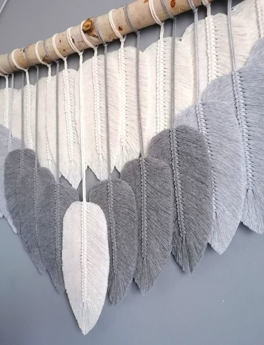 Makrama ścienna XXL Listki szare duże BOHO piórka