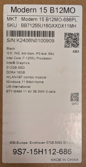 Laptop MSI Modern 15 B12MO/15.6/i7-1255U-4.7GHz/16GB/SSD512/Win11 z AI