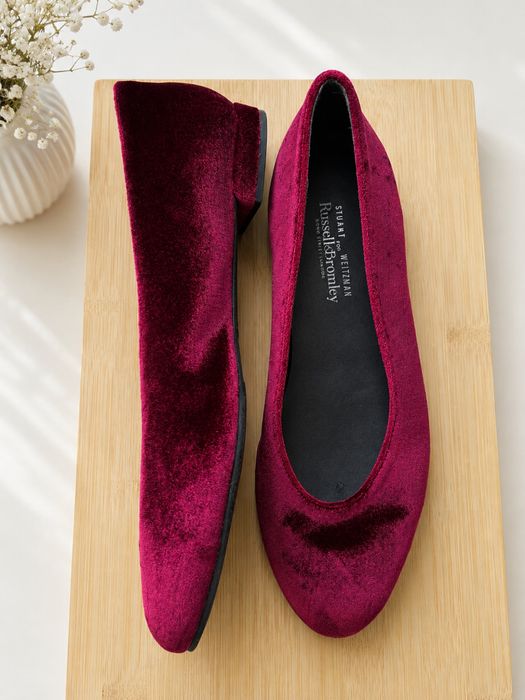 Stuart Weitzman for Russell & Bromley aksamitne baleriny burgundowe r. 36