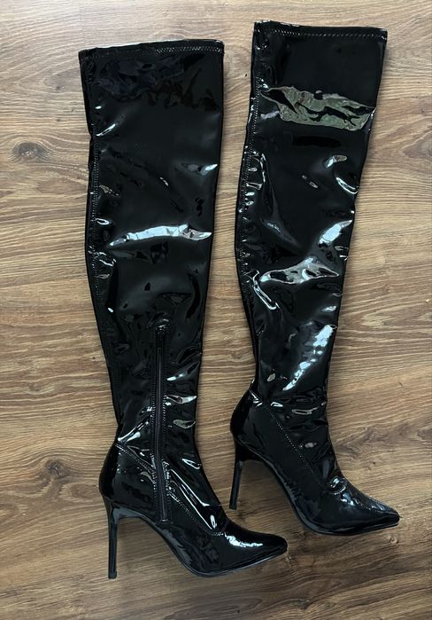 Sacha kozaki szpilki bardzo wysokie lakierowane  miękkie 38 czarne