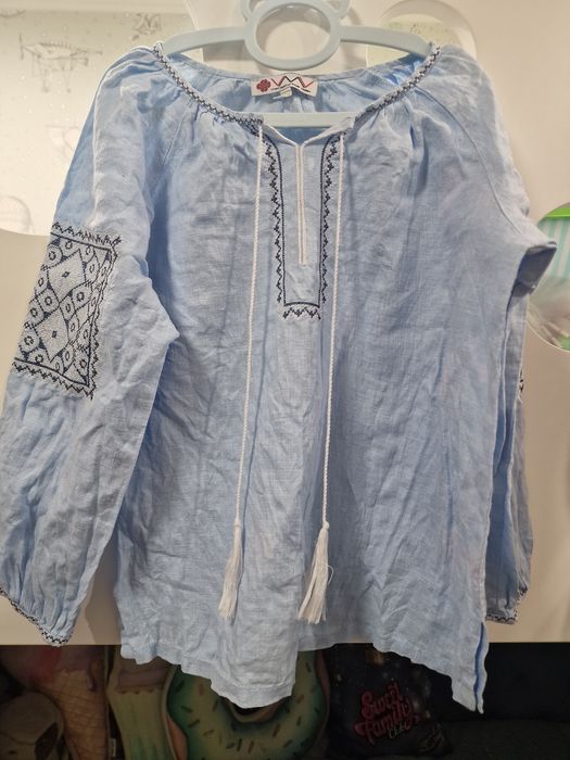 Вышиванка детская для девочки из натурального льна голубая